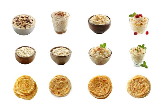 Set of Different Delicious Rice Pudding Illustrations